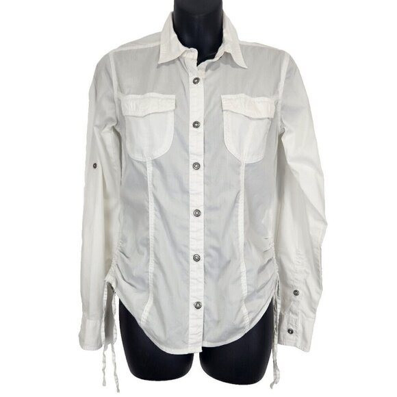 Gramicci Button Up Shirt Womens XS White Roll Tab Sleeves Ruched Sides Outdoor - Picture 1 of 11